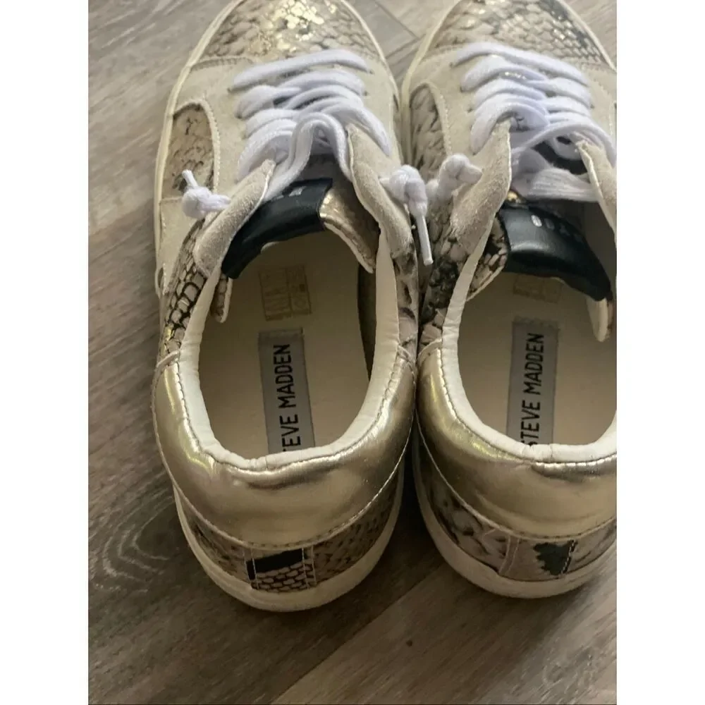 Steve Madden Women’s Pursued Gold Metallic Snakeskin Lace-Up Sneakers Size 7M